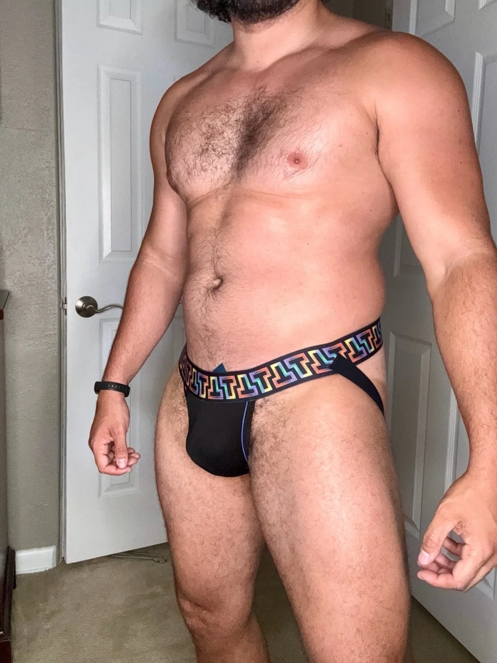 TIMOTEO Men's Black Stretch Jockstrap with Rainbow Geometric Waistband